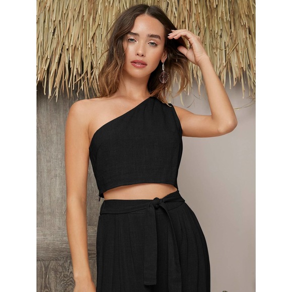2 piece set: One Shoulder Crop Top & Palazzo Belted wide leg Pants Set black - Picture 2 of 6